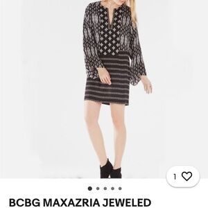 BCBGMaxAzria Black and White Geometric Long Sleeve Dress